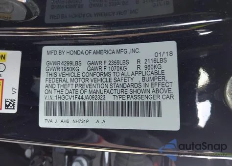 2018 Honda Accord Ex z USA, uszkodzony, nr VIN 1HGCV1F44JA092323